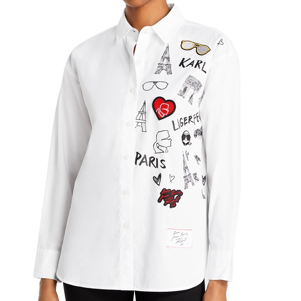 Karl Lagerfeld White Graphic & Patches Blouse Sz M
